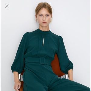 🆕 NWT ZARA - Long Sleeve Belted Jumpsuit Green L